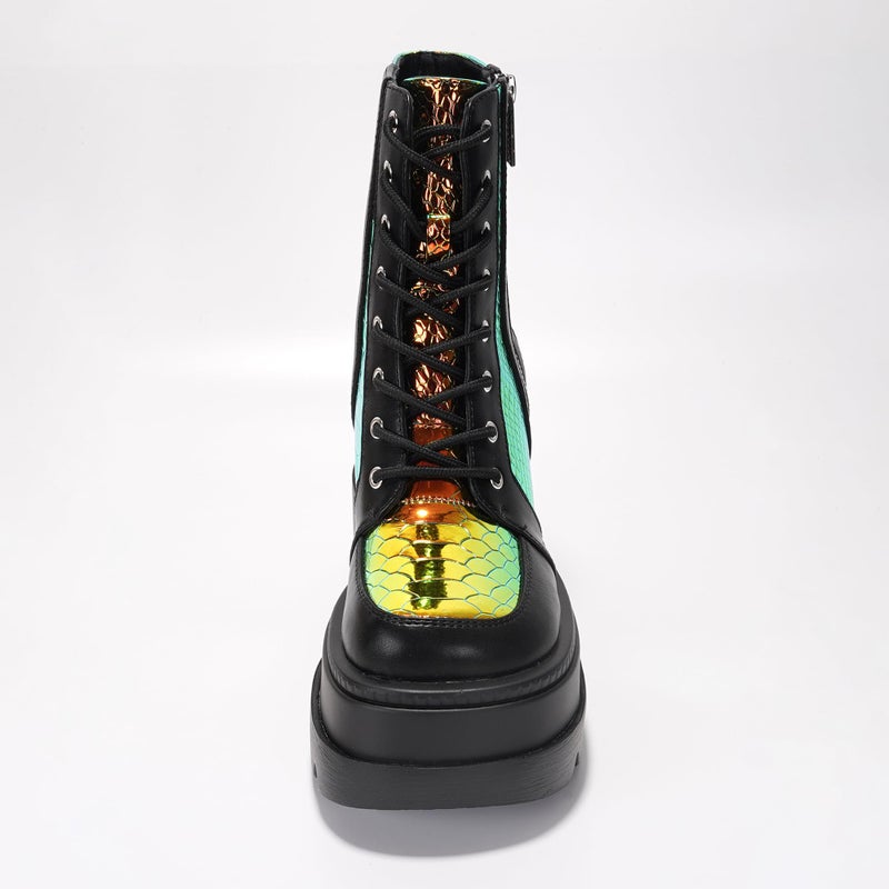 Cape Robbin Holographic Platform Ankle Boots for Women Chunky Block Heels Pointed Toe PU Leather with Buckle Strap Retro Futuristic Style (Radio) - Black Size 6 - Image 5